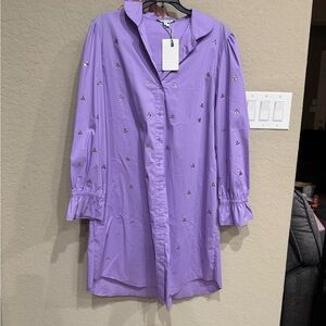 NWT Taylor Tillman Purple Embroidered Button-Up Dress SZ SM pit2pit 19” L 37”